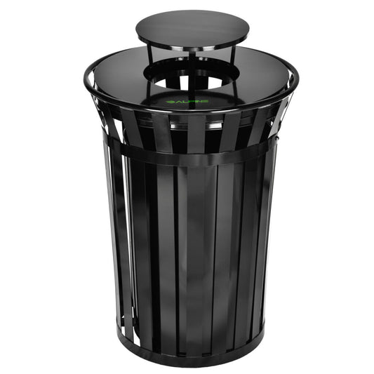 38 GALLON OUTDOOR METAL SLATTED TRASH RECEPTACLE WITH RAIN BONNET LID