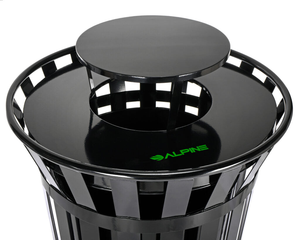 38 GALLON OUTDOOR METAL SLATTED TRASH RECEPTACLE WITH RAIN BONNET LID