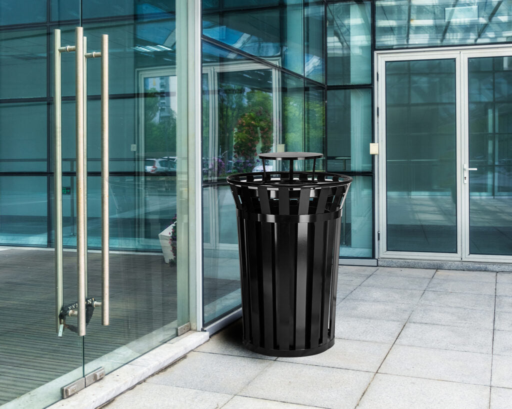 38 GALLON OUTDOOR METAL SLATTED TRASH RECEPTACLE WITH RAIN BONNET LID